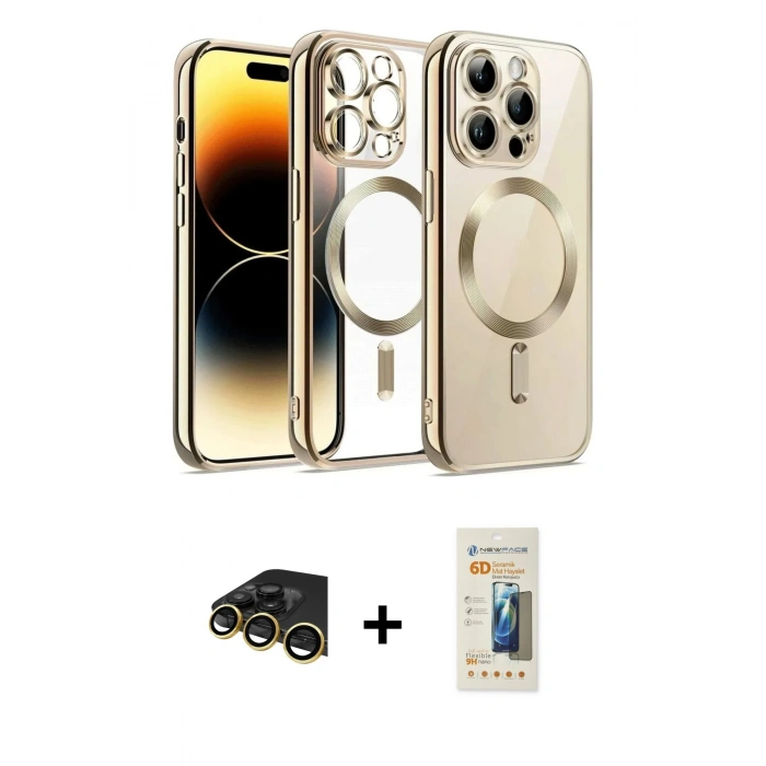 MARSİLYAN™- iPhone 13 Pro Max Kılıf Nova Işık Özel Seri - Siyah 6D Mat Seramik Hayalet Nano Ekran Koruyucu + Gold Raze Metal Kamera Lens