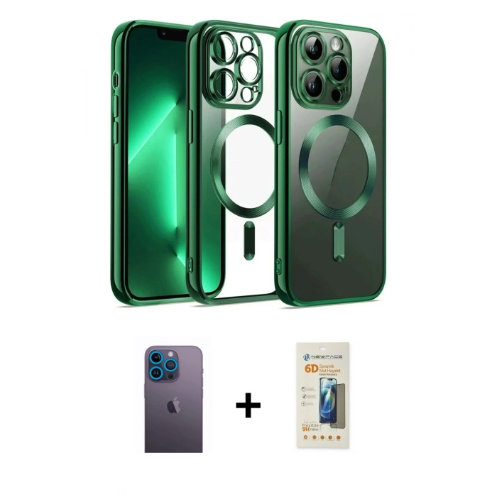 MARSİLYAN™- iPhone 13 Pro Max Kılıf Nova Işık Özel Seri - Siyah 6D Mat Seramik Hayalet Nano Ekran Koruyucu + Neon Fosforlu Kamera Lens - MI