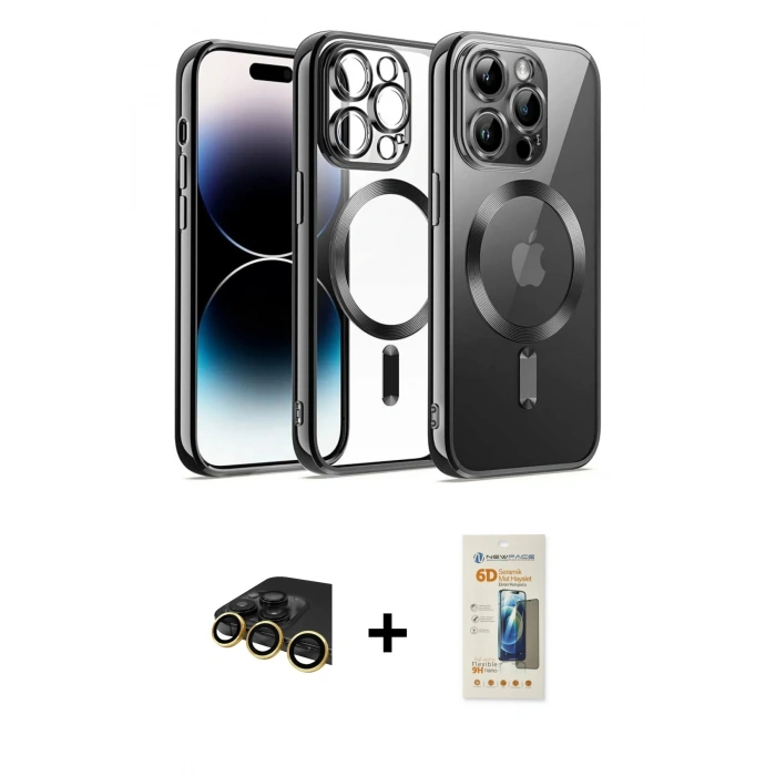 MARSİLYAN™- iPhone 13 Pro Max Kılıf Nova Işık Özel Seri - Siyah 6D Mat Seramik Hayalet Nano Ekran Koruyucu + Gold Raze Metal Kamera Lens