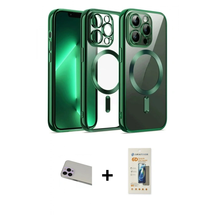 MARSİLYAN™- iPhone 13 Pro Max Kılıf Nova Işık Özel Seri - Siyah 6D Mat Seramik Hayalet Nano Ekran Koruyucu + Rainbow Kamera Lens Koruma Cam - MR