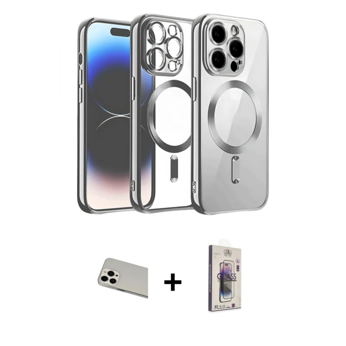 MARSİLYAN™- iPhone 13 Pro Max Kılıf Nova Işık Özel Seri - Siyah Bilvis 3D Cam Ekran Koruyucu + Beyaz Rainbow Kamera Lens Koruma Cam
