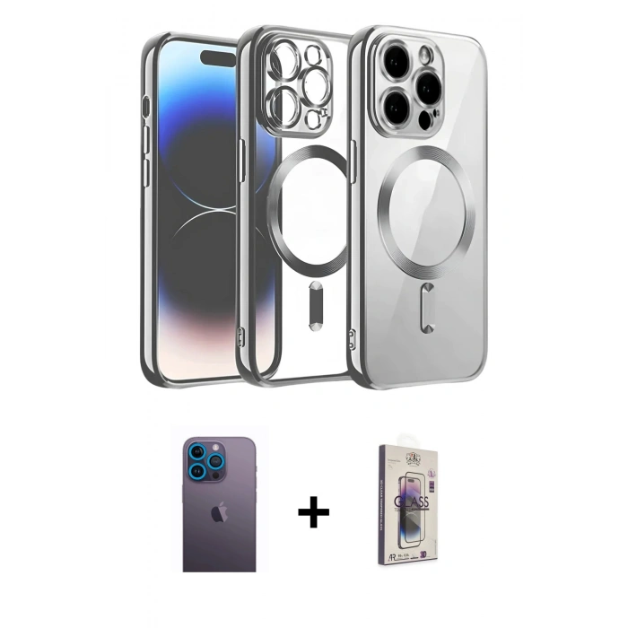 MARSİLYAN™- iPhone 13 Pro Max Kılıf Nova Işık Özel Seri - Siyah Bilvis 3D Cam Ekran Koruyucu + Mavi Neon Fosforlu Kamera Lens