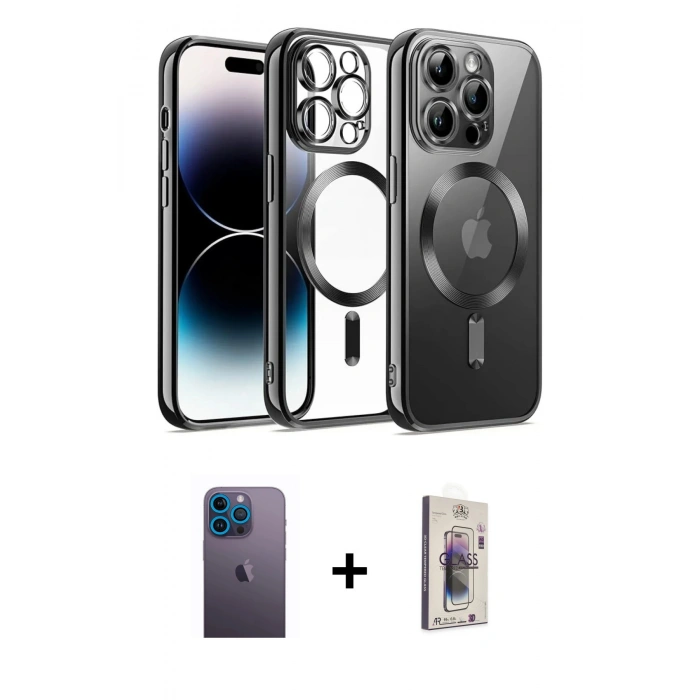 MARSİLYAN™- iPhone 13 Pro Max Kılıf Nova Işık Özel Seri - Siyah Bilvis 3D Cam Ekran Koruyucu + Mavi Neon Fosforlu Kamera Lens