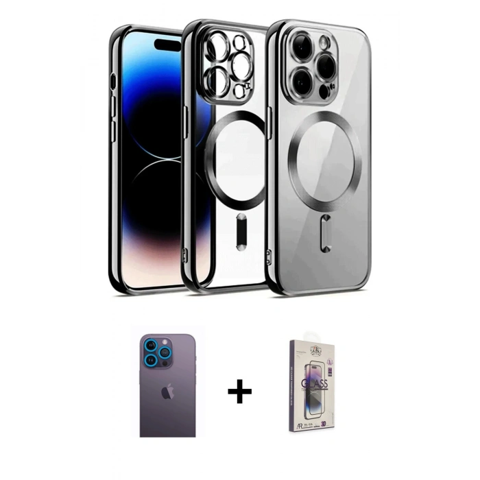 MARSİLYAN™- iPhone 13 Pro Max Kılıf Nova Işık Özel Seri - Siyah Bilvis 3D Cam Ekran Koruyucu + Mavi Neon Fosforlu Kamera Lens