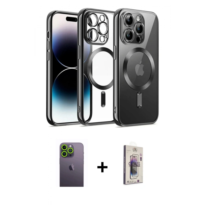 MARSİLYAN™- iPhone 13 Pro Max Kılıf Nova Işık Özel Seri - Siyah Bilvis 3D Cam Ekran Koruyucu + Neon Fosforlu Kamera Lens - YL