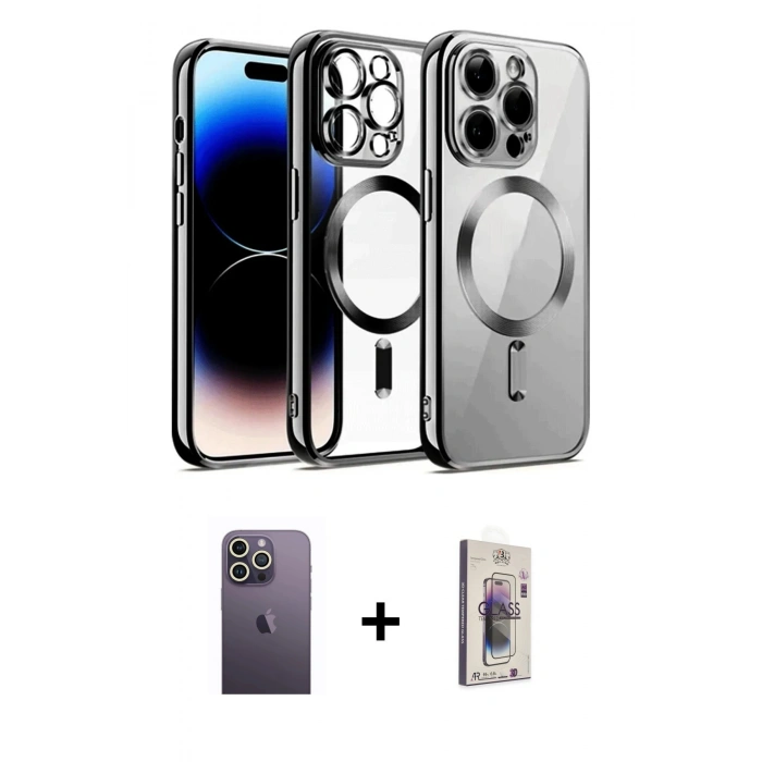 MARSİLYAN™- iPhone 13 Pro Max Kılıf Nova Işık Özel Seri - Siyah Bilvis 3D Cam Ekran Koruyucu + Neon Fosforlu Kamera Lens - BZ