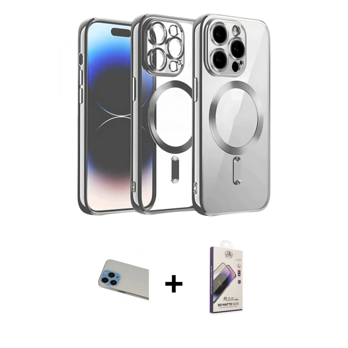 MARSİLYAN™- iPhone 13 Pro Max Kılıf Nova Işık Özel Seri - Siyah Bilvis 3D Mat Cam Ekran Koruyucu + Mavi Rainbow Kamera Lens Koruma Cam