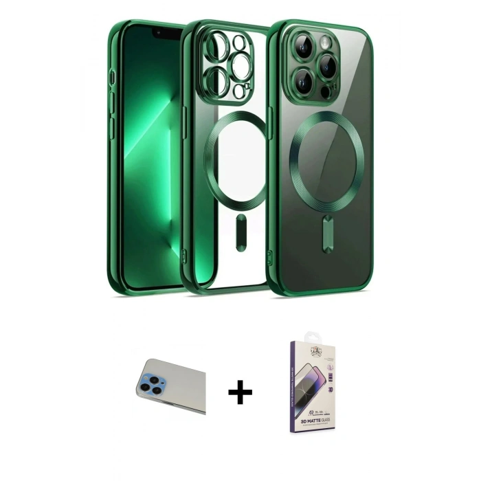 MARSİLYAN™- iPhone 13 Pro Max Kılıf Nova Işık Özel Seri - Siyah Bilvis 3D Mat Cam Ekran Koruyucu + Mavi Rainbow Kamera Lens Koruma Cam