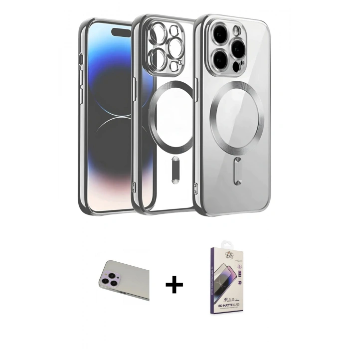 MARSİLYAN™- iPhone 13 Pro Max Kılıf Nova Işık Özel Seri - Siyah Bilvis 3D Mat Cam Ekran Koruyucu + Mor Rainbow Kamera Lens Koruma Cam