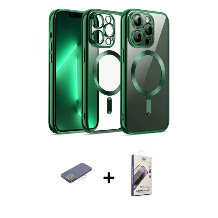 MARSİLYAN™- iPhone 13 Pro Max Kılıf Nova Işık Özel Seri - Siyah Bilvis 3D Mat Cam Ekran Koruyucu + Pembe Renkli Kamera Lens Koruma Cam