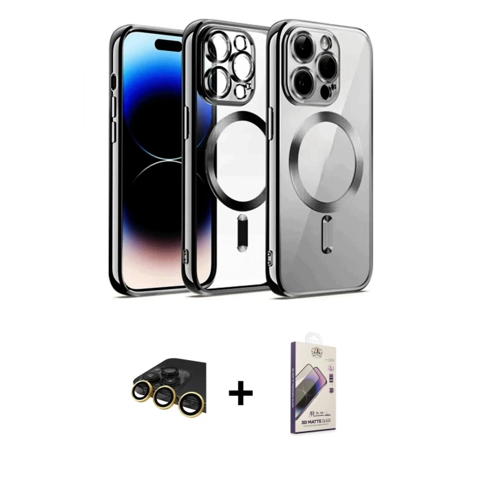 MARSİLYAN™- iPhone 13 Pro Max Kılıf Nova Işık Özel Seri - Siyah Bilvis 3D Mat Cam Ekran Koruyucu + Raze Metal Kamera Lens - GD