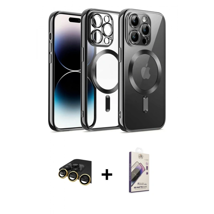 MARSİLYAN™- iPhone 13 Pro Max Kılıf Nova Işık Özel Seri - Siyah Bilvis 3D Mat Cam Ekran Koruyucu + Raze Metal Kamera Lens - GD