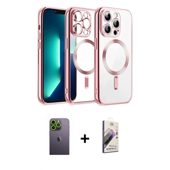 MARSİLYAN™- iPhone 13 Pro Max Kılıf Nova Işık Özel Seri - Siyah Bilvis 3D Mat Cam Ekran Koruyucu + Yeşil Neon Fosforlu Kamera Lens