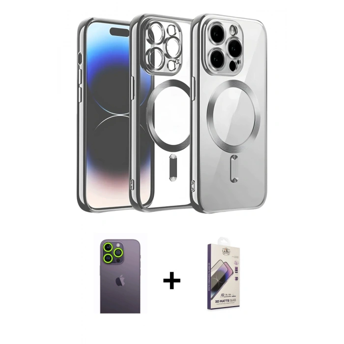 MARSİLYAN™- iPhone 13 Pro Max Kılıf Nova Işık Özel Seri - Siyah Bilvis 3D Mat Cam Ekran Koruyucu + Yeşil Neon Fosforlu Kamera Lens