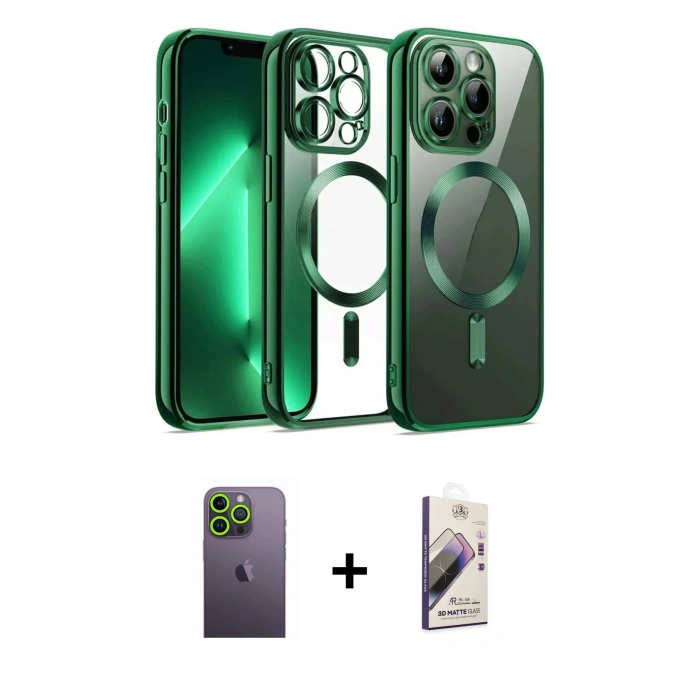 MARSİLYAN™- iPhone 13 Pro Max Kılıf Nova Işık Özel Seri - Siyah Bilvis 3D Mat Cam Ekran Koruyucu + Yeşil Neon Fosforlu Kamera Lens