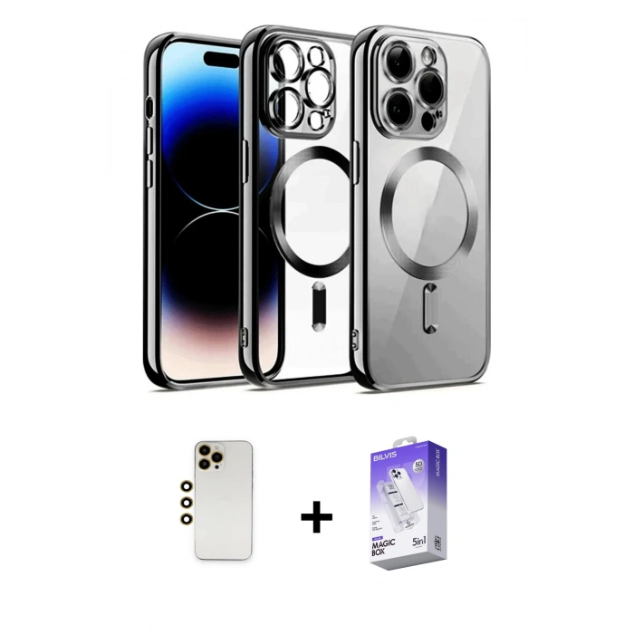 MARSİLYAN™- iPhone 13 Pro Max Kılıf Nova Işık Özel Seri - Siyah Bilvis 5in1 3D Magic Cam Ekran Koruyucu + Shine Kamera Lens - GD