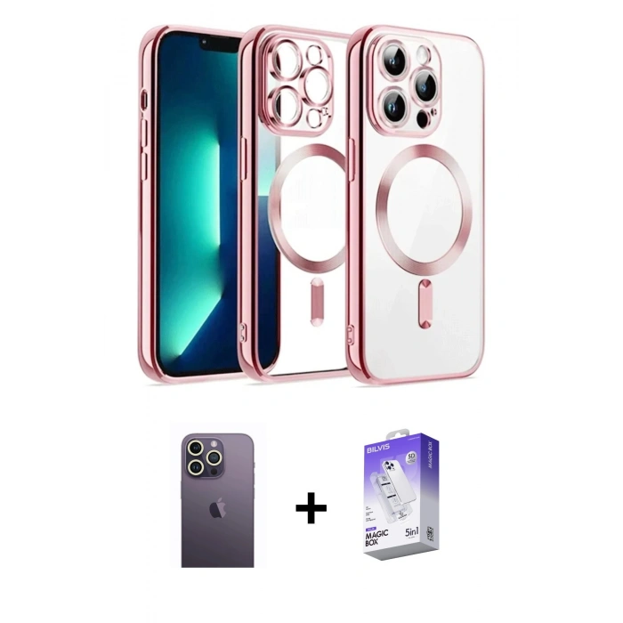 MARSİLYAN™- iPhone 13 Pro Max Kılıf Nova Işık Özel Seri - Siyah Bilvis 5in1 3D Magic Cam Ekran Koruyucu + Beyaz Neon Fosforlu Kamera Lens