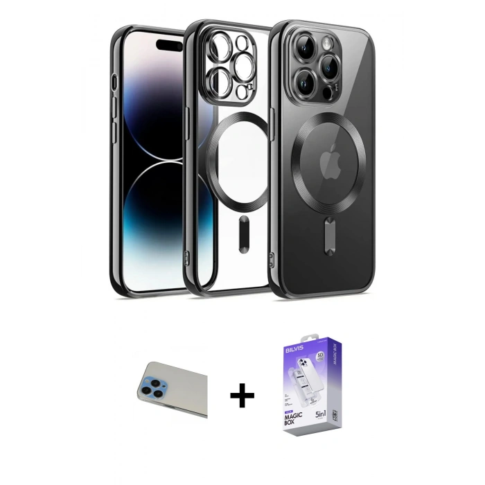 MARSİLYAN™- iPhone 13 Pro Max Kılıf Nova Işık Özel Seri - Siyah Bilvis 5in1 3D Magic Cam Ekran Koruyucu + Rainbow Kamera Lens Koruma Cam - MI
