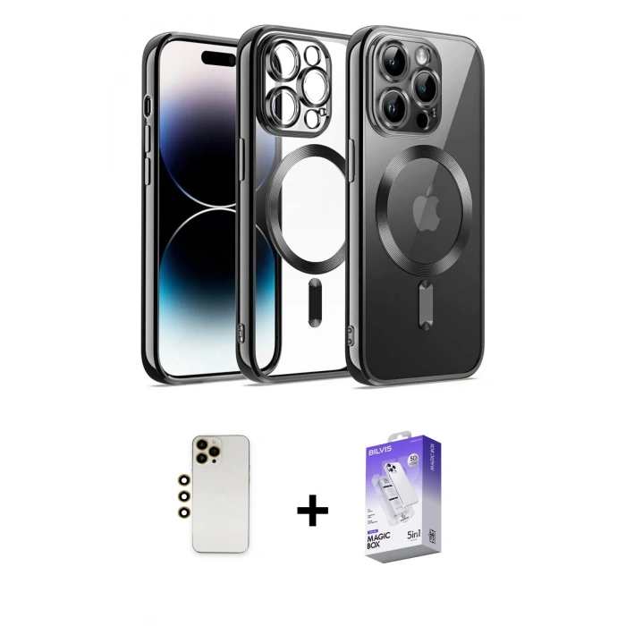 MARSİLYAN™- iPhone 13 Pro Max Kılıf Nova Işık Özel Seri - Siyah Bilvis 5in1 3D Magic Cam Ekran Koruyucu + Shine Kamera Lens - GD