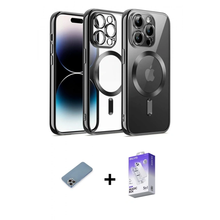 MARSİLYAN™- iPhone 13 Pro Max Kılıf Nova Işık Özel Seri - Siyah Bilvis 5in1 3D Magic Cam Ekran Koruyucu + Gökkuşağı Shine Kamera Lens Koruma Cam