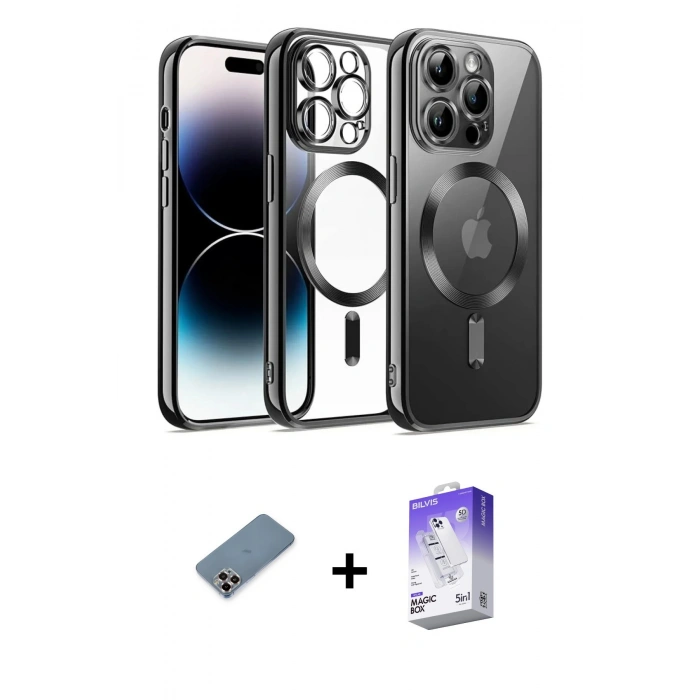 MARSİLYAN™- iPhone 13 Pro Max Kılıf Nova Işık Özel Seri - Siyah Bilvis 5in1 3D Magic Cam Ekran Koruyucu + Mor Metal Kamera Lens Koruma Cam