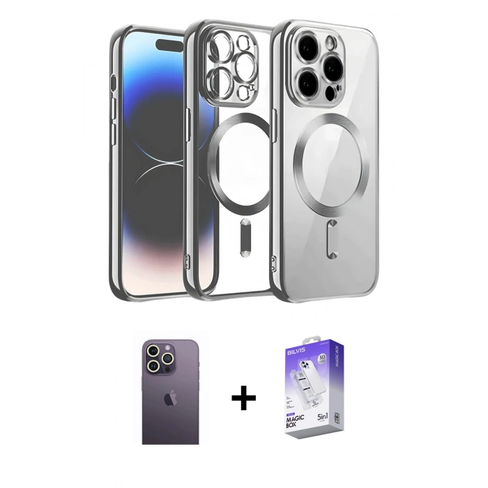 MARSİLYAN™- iPhone 13 Pro Max Kılıf Nova Işık Özel Seri - Siyah Bilvis 5in1 3D Magic Cam Ekran Koruyucu + Beyaz Neon Fosforlu Kamera Lens