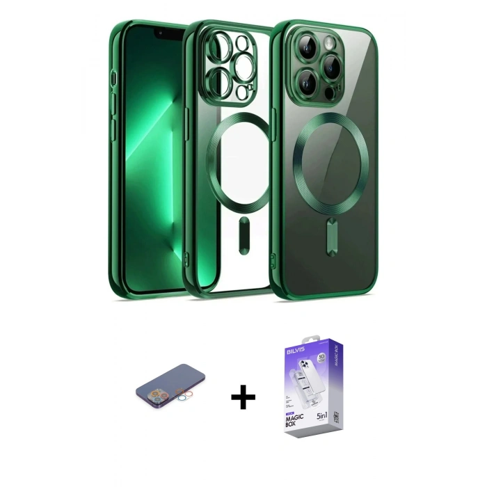 MARSİLYAN™- iPhone 13 Pro Max Kılıf Nova Işık Özel Seri - Siyah Bilvis 5in1 3D Magic Cam Ekran Koruyucu + Pembe Renkli Kamera Lens Koruma Cam