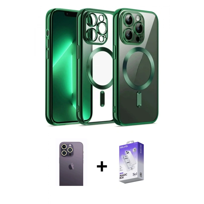 MARSİLYAN™- iPhone 13 Pro Max Kılıf Nova Işık Özel Seri - Siyah Bilvis 5in1 3D Magic Cam Ekran Koruyucu + Beyaz Neon Fosforlu Kamera Lens
