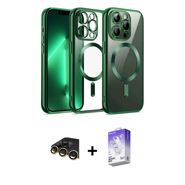 MARSİLYAN™- iPhone 13 Pro Max Kılıf Nova Işık Özel Seri - Siyah Bilvis 5in1 3D Magic Cam Ekran Koruyucu + Raze Metal Kamera Lens - GD