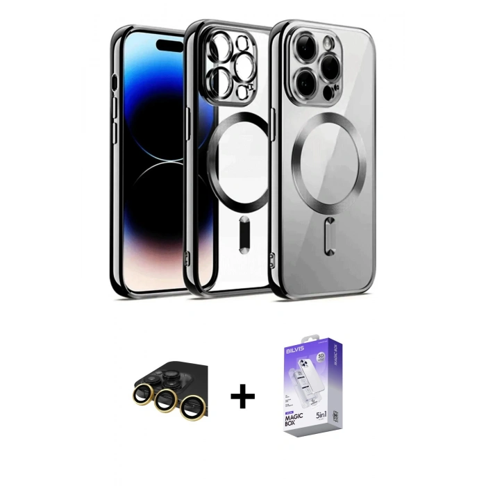 MARSİLYAN™- iPhone 13 Pro Max Kılıf Nova Işık Özel Seri - Siyah Bilvis 5in1 3D Magic Cam Ekran Koruyucu + Raze Metal Kamera Lens - GD