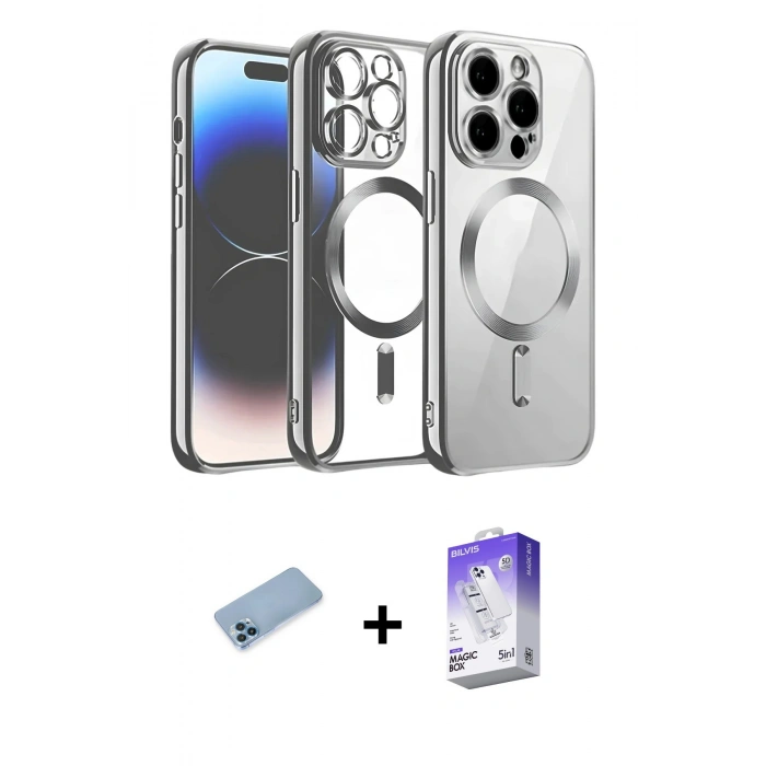 MARSİLYAN™- iPhone 13 Pro Max Kılıf Nova Işık Özel Seri - Siyah Bilvis 5in1 3D Magic Cam Ekran Koruyucu + Mavi Shine Kamera Lens Koruma Cam