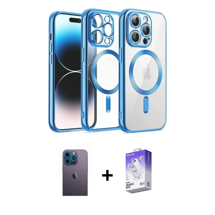 MARSİLYAN™- iPhone 13 Pro Max Kılıf Nova Işık Özel Seri - Siyah Bilvis 5in1 3D Magic Cam Ekran Koruyucu + Mavi Neon Fosforlu Kamera Lens