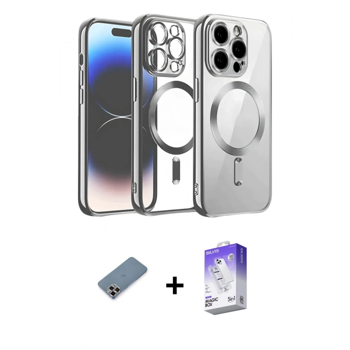 MARSİLYAN™- iPhone 13 Pro Max Kılıf Nova Işık Özel Seri - Siyah Bilvis 5in1 3D Magic Cam Ekran Koruyucu + Mor Metal Kamera Lens Koruma Cam