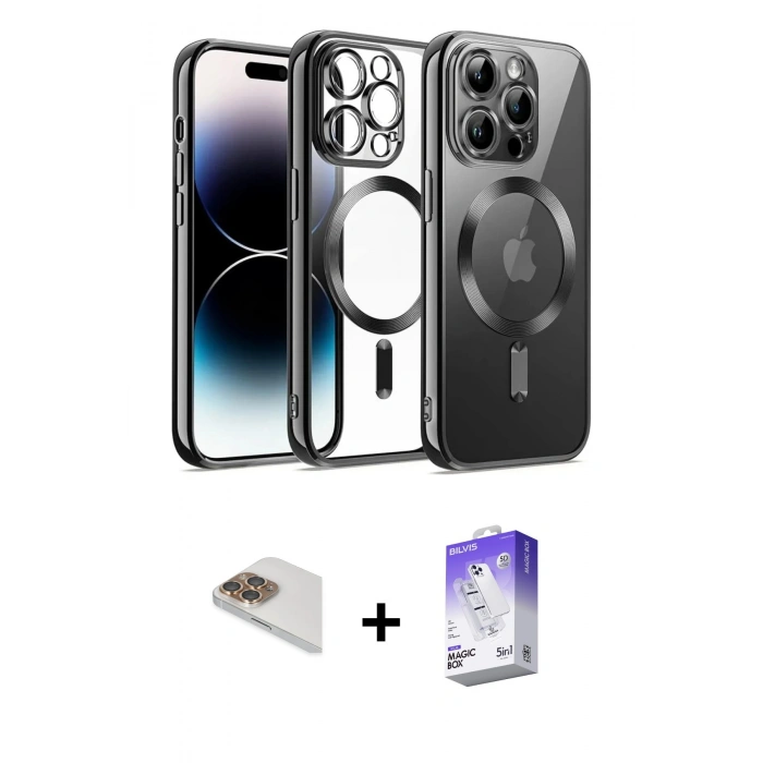 MARSİLYAN™- iPhone 13 Pro Max Kılıf Nova Işık Özel Seri - Siyah Bilvis 5in1 3D Magic Cam Ekran Koruyucu + Gold Pers Alüminyum Kamera Lens