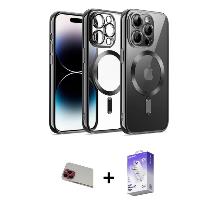 MARSİLYAN™- iPhone 13 Pro Max Kılıf Nova Işık Özel Seri - Siyah Bilvis 5in1 3D Magic Cam Ekran Koruyucu + Rainbow Kamera Lens Koruma Cam - KI