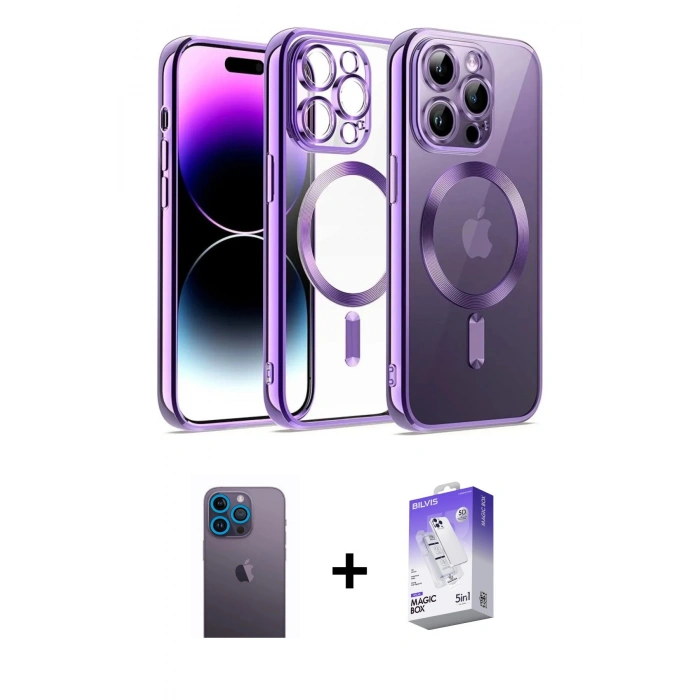 MARSİLYAN™- iPhone 13 Pro Max Kılıf Nova Işık Özel Seri - Siyah Bilvis 5in1 3D Magic Cam Ekran Koruyucu + Mavi Neon Fosforlu Kamera Lens