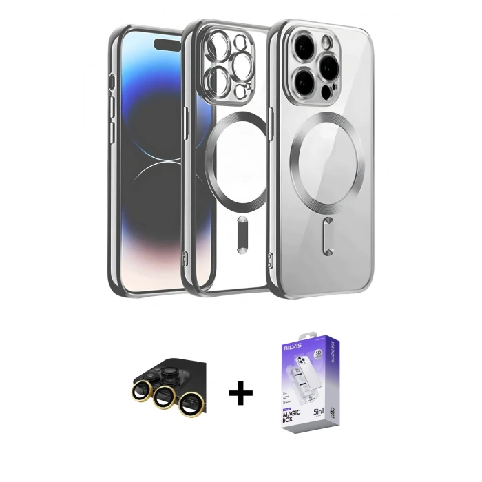 MARSİLYAN™- iPhone 13 Pro Max Kılıf Nova Işık Özel Seri - Siyah Bilvis 5in1 3D Magic Cam Ekran Koruyucu + Raze Metal Kamera Lens - GD
