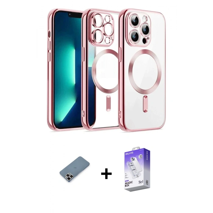 MARSİLYAN™- iPhone 13 Pro Max Kılıf Nova Işık Özel Seri - Siyah Bilvis 5in1 3D Magic Cam Ekran Koruyucu + Mor Metal Kamera Lens Koruma Cam
