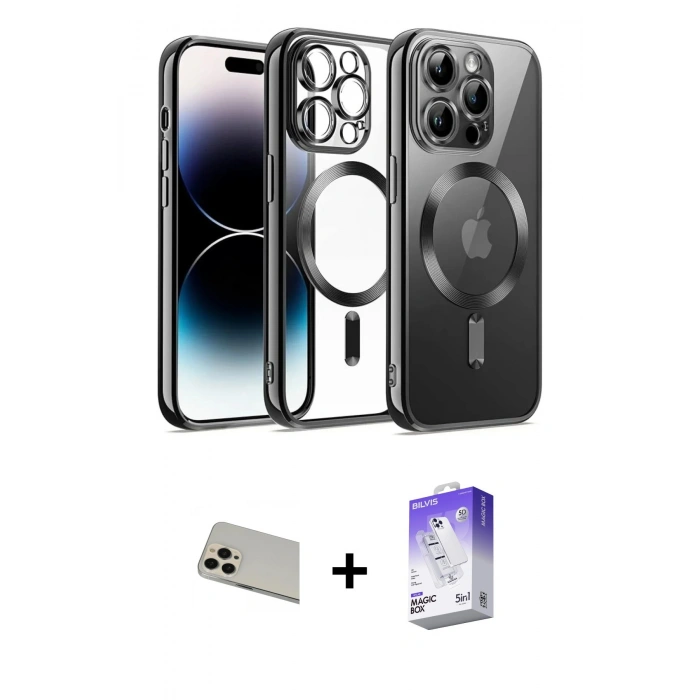 MARSİLYAN™- iPhone 13 Pro Max Kılıf Nova Işık Özel Seri - Siyah Bilvis 5in1 3D Magic Cam Ekran Koruyucu + Rose Gold Rainbow Kamera Lens Koruma Cam