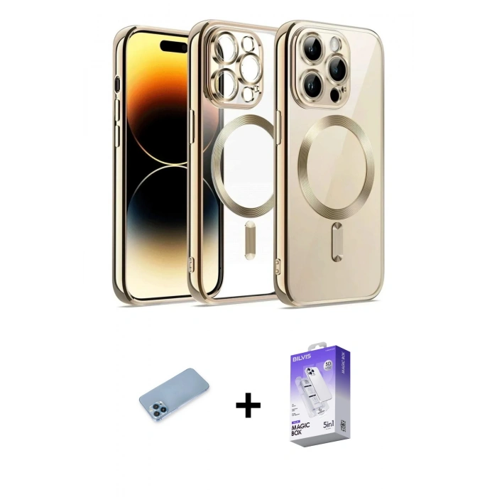 MARSİLYAN™- iPhone 13 Pro Max Kılıf Nova Işık Özel Seri - Siyah Bilvis 5in1 3D Magic Cam Ekran Koruyucu + Mavi Shine Kamera Lens Koruma Cam
