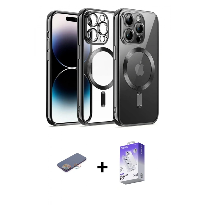 MARSİLYAN™- iPhone 13 Pro Max Kılıf Nova Işık Özel Seri - Siyah Bilvis 5in1 3D Magic Cam Ekran Koruyucu + Pembe Renkli Kamera Lens Koruma Cam