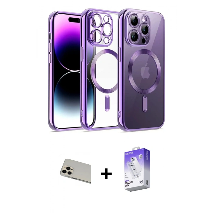 MARSİLYAN™- iPhone 13 Pro Max Kılıf Nova Işık Özel Seri - Siyah Bilvis 5in1 3D Magic Cam Ekran Koruyucu + Rose Gold Rainbow Kamera Lens Koruma Cam