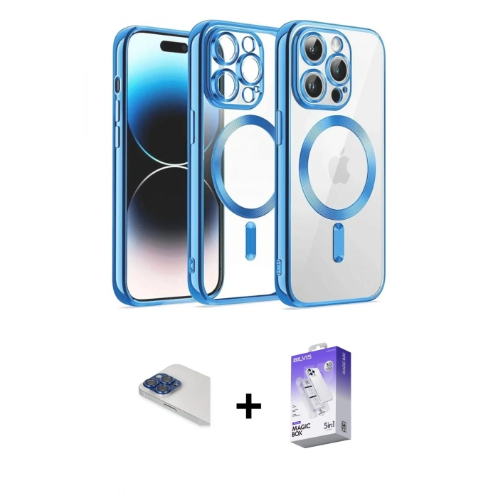 MARSİLYAN™- iPhone 13 Pro Max Kılıf Nova Işık Özel Seri - Siyah Bilvis 5in1 3D Magic Cam Ekran Koruyucu + Lacivert Pers Alüminyum Kamera Lens