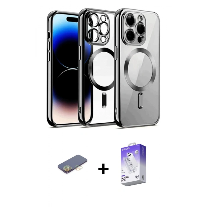 MARSİLYAN™- iPhone 13 Pro Max Kılıf Nova Işık Özel Seri - Siyah Bilvis 5in1 3D Magic Cam Ekran Koruyucu + Renkli Kamera Lens Koruma Cam - SI