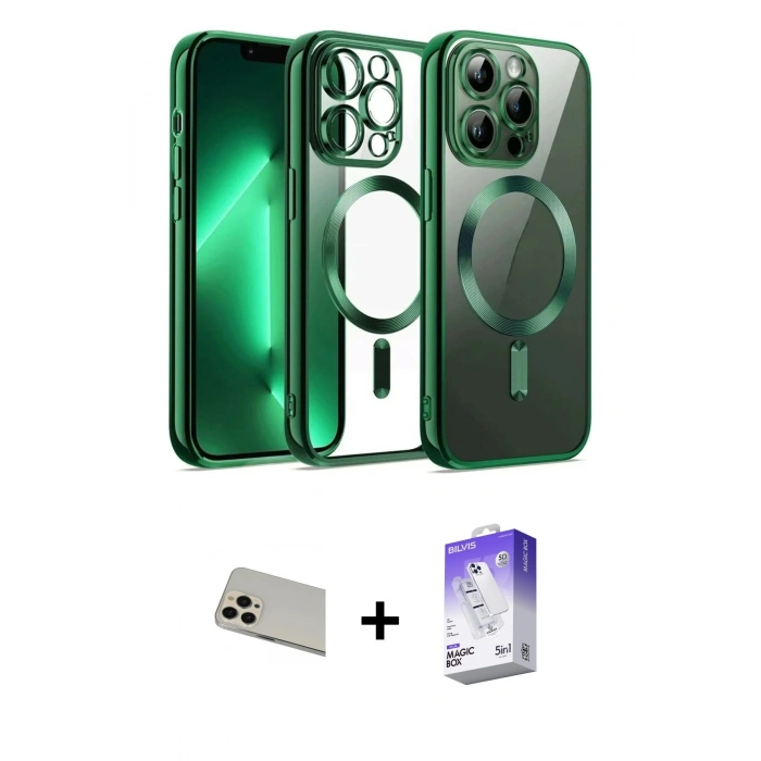 MARSİLYAN™- iPhone 13 Pro Max Kılıf Nova Işık Özel Seri - Siyah Bilvis 5in1 3D Magic Cam Ekran Koruyucu + Rose Gold Rainbow Kamera Lens Koruma Cam