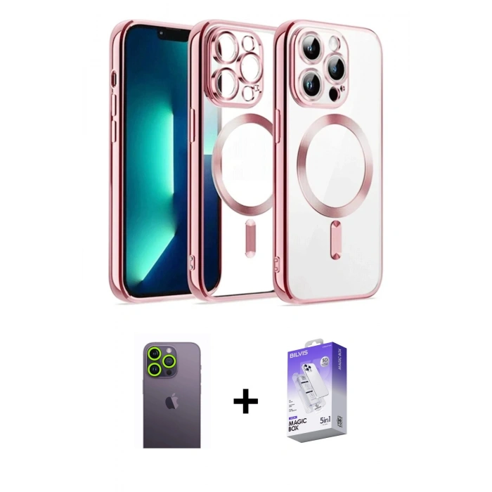 MARSİLYAN™- iPhone 13 Pro Max Kılıf Nova Işık Özel Seri - Siyah Bilvis 5in1 3D Magic Cam Ekran Koruyucu + Yeşil Neon Fosforlu Kamera Lens
