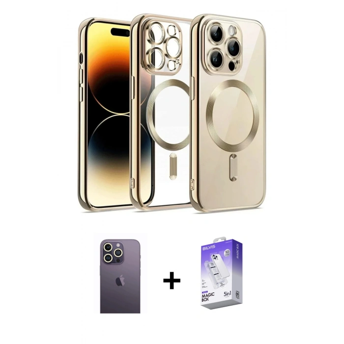 MARSİLYAN™- iPhone 13 Pro Max Kılıf Nova Işık Özel Seri - Siyah Bilvis 5in1 3D Magic Cam Ekran Koruyucu + Beyaz Neon Fosforlu Kamera Lens
