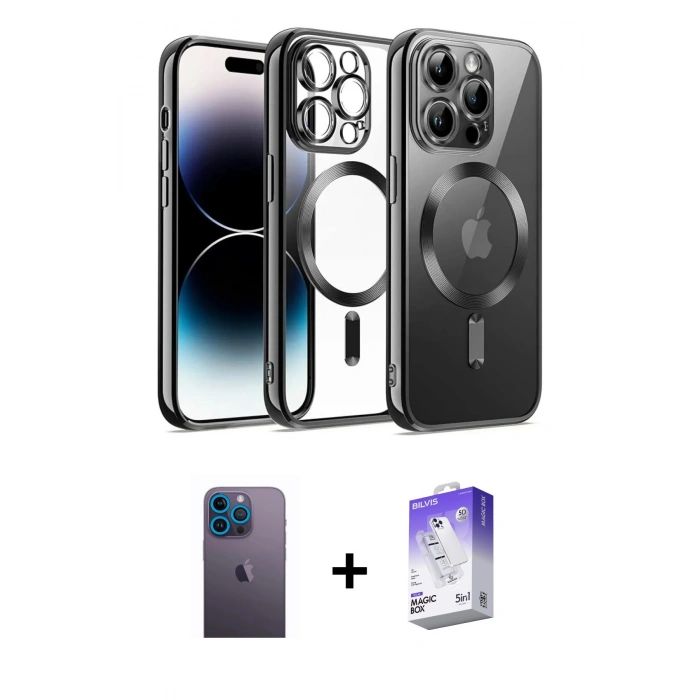 MARSİLYAN™- iPhone 13 Pro Max Kılıf Nova Işık Özel Seri - Siyah Bilvis 5in1 3D Magic Cam Ekran Koruyucu + Mavi Neon Fosforlu Kamera Lens