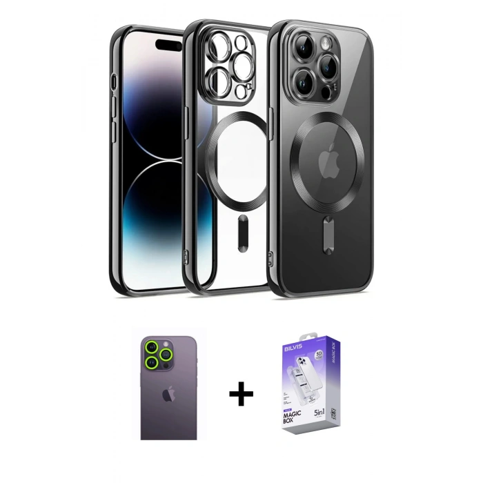 MARSİLYAN™- iPhone 13 Pro Max Kılıf Nova Işık Özel Seri - Siyah Bilvis 5in1 3D Magic Cam Ekran Koruyucu + Yeşil Neon Fosforlu Kamera Lens