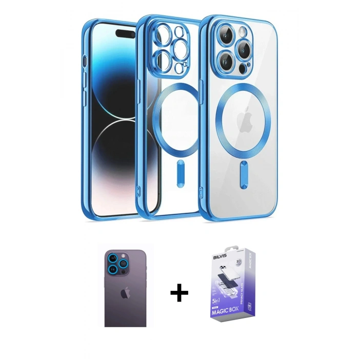 MARSİLYAN™- iPhone 13 Pro Max Kılıf Nova Işık Özel Seri - Siyah Bilvis 5in1 5D Magic Hayalet Cam Ekran Koruyucu + Neon Fosforlu Kamera Lens - MI